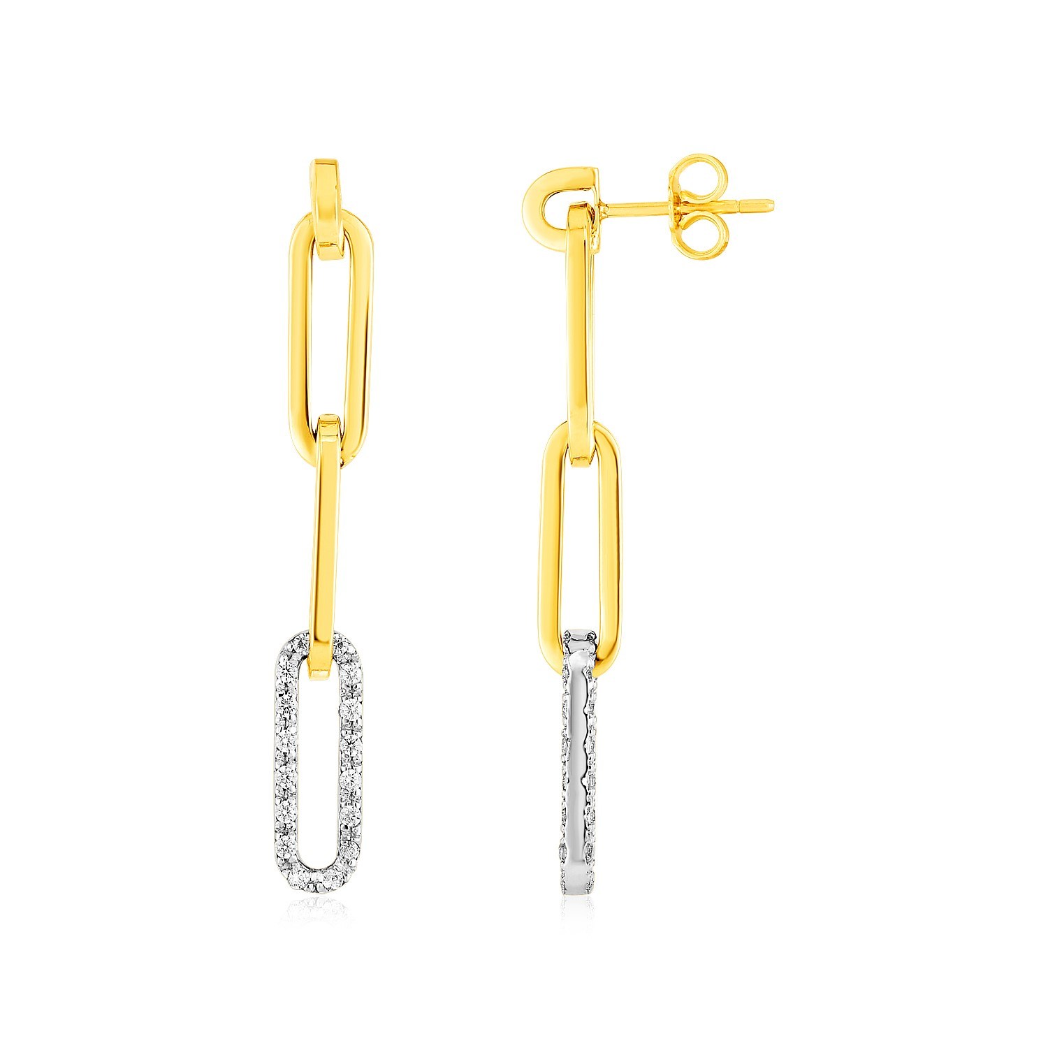 14k Yellow Gold Paperclip Chain Dangle Earrings with Diamonds