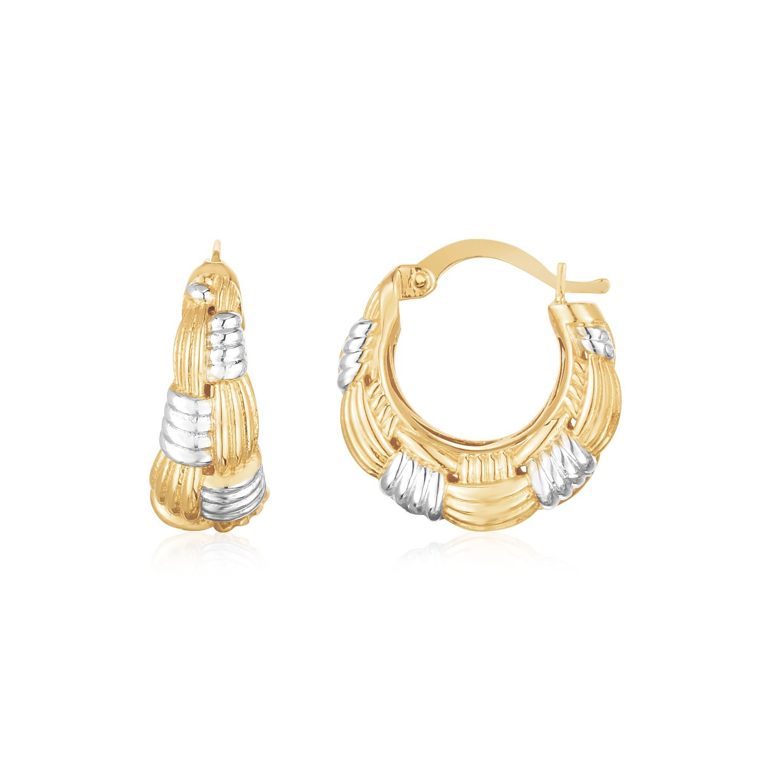 14K Two Tone Gold Graduated Woven Ribbed Hoop Earrings