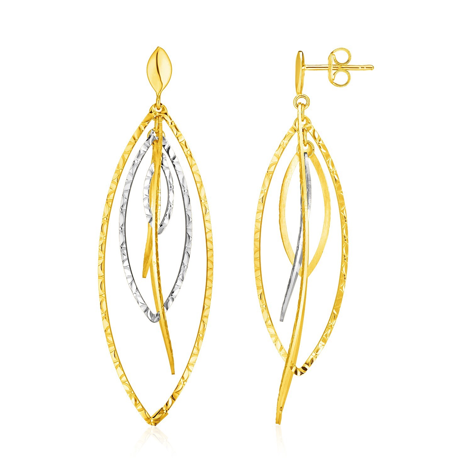 14k Two Tone Gold Textured and Polished Marquise Motif Earrings