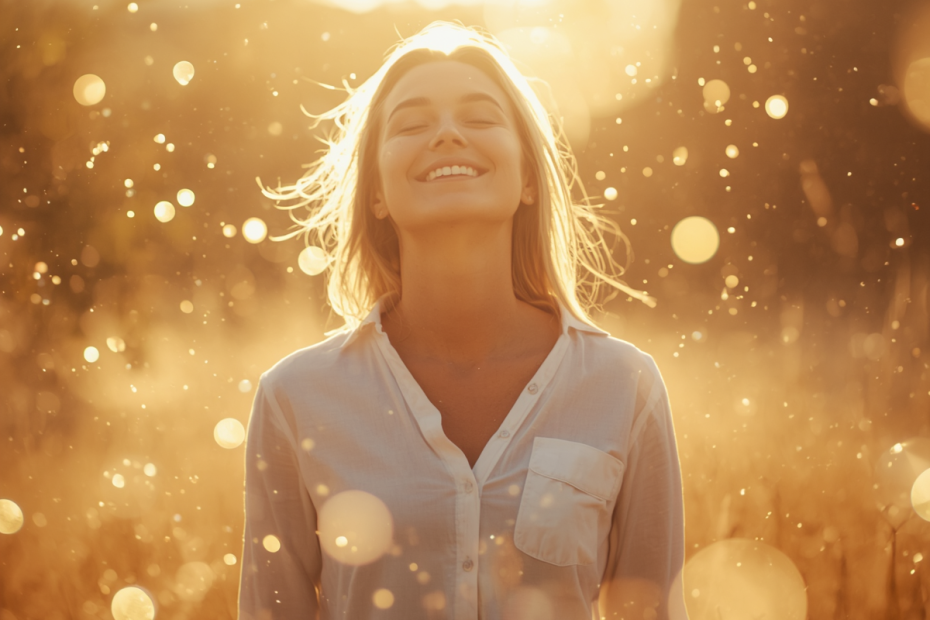 A serene, radiant person standing in golden morning light with eyes closed and a peaceful smile, surrounded by soft glowing particles symbolizing positive energy and mental clarity, warm uplifting tones, photorealistic style