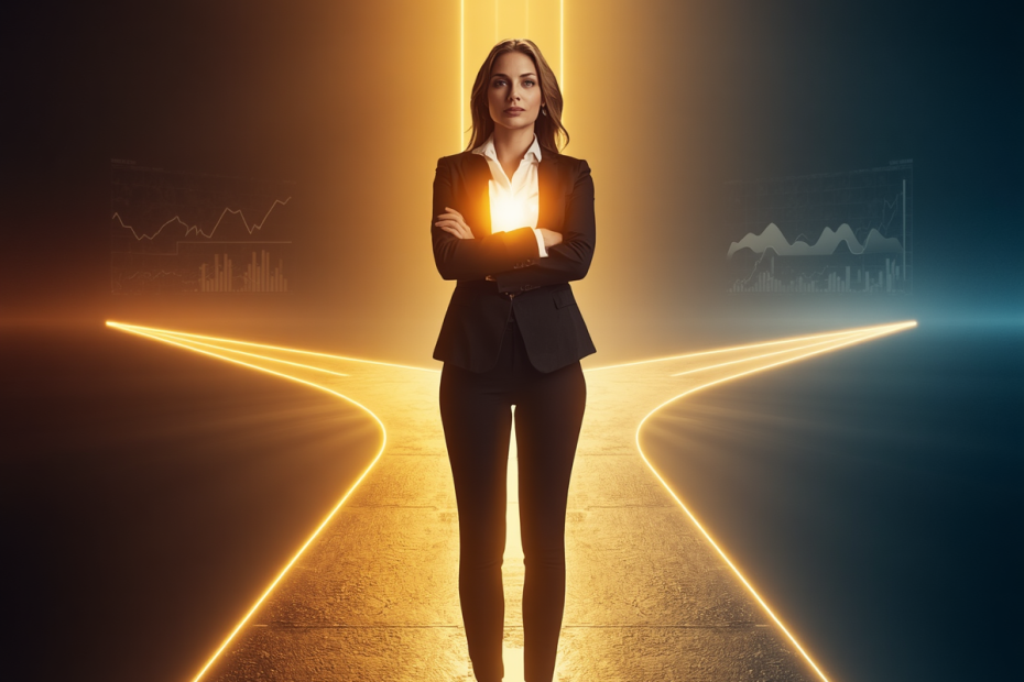 A confident entrepreneur standing at a glowing crossroads, one path lit by data charts and the other by a glowing intuitive light from within their chest, modern digital art style, warm gold and deep blue tones, cinematic lighting