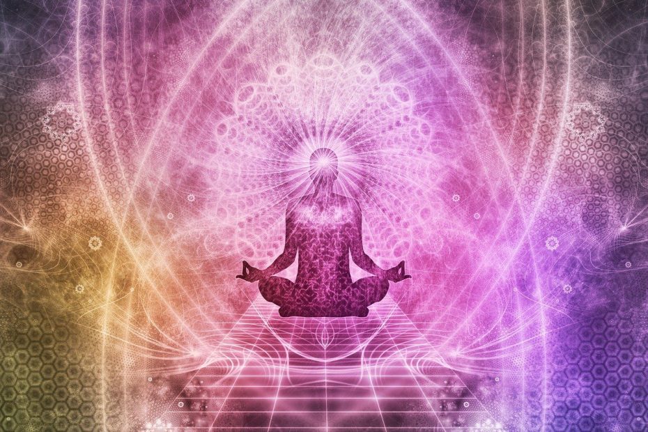 A serene person meditating in soft golden light, surrounded by glowing energy and floating sacred geometry symbols, lush nature background, ethereal and peaceful atmosphere, digital art style, warm spiritual tones